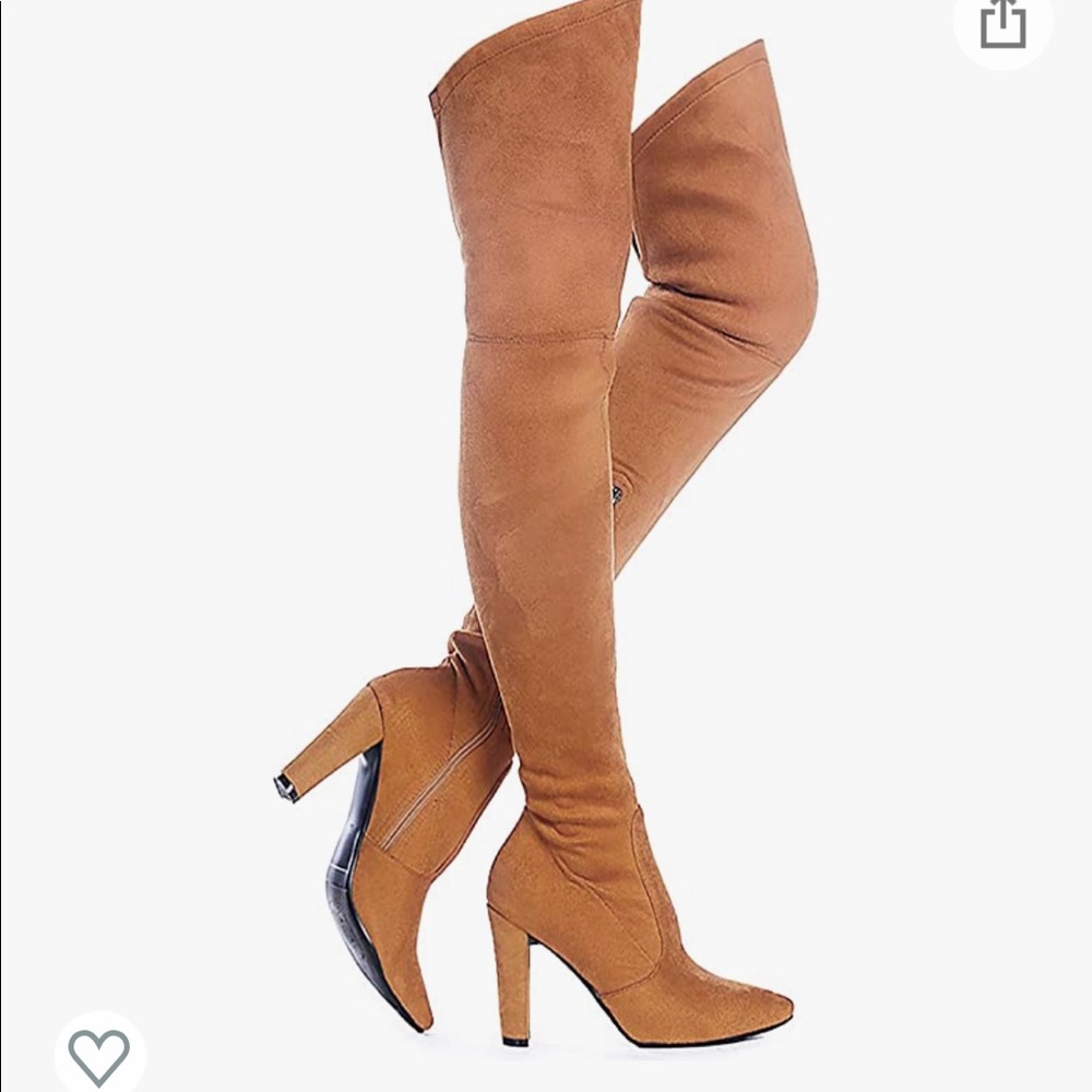 Shoe’N Tale Stretch Suede Chunky Heel Thigh High Boots